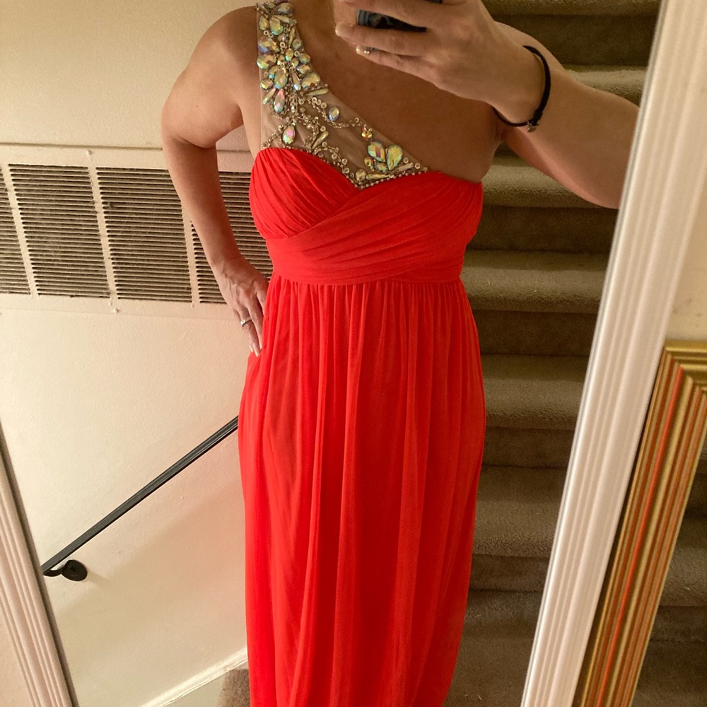 City Studio full length lined neon orange dress with nude and crystal shoulder